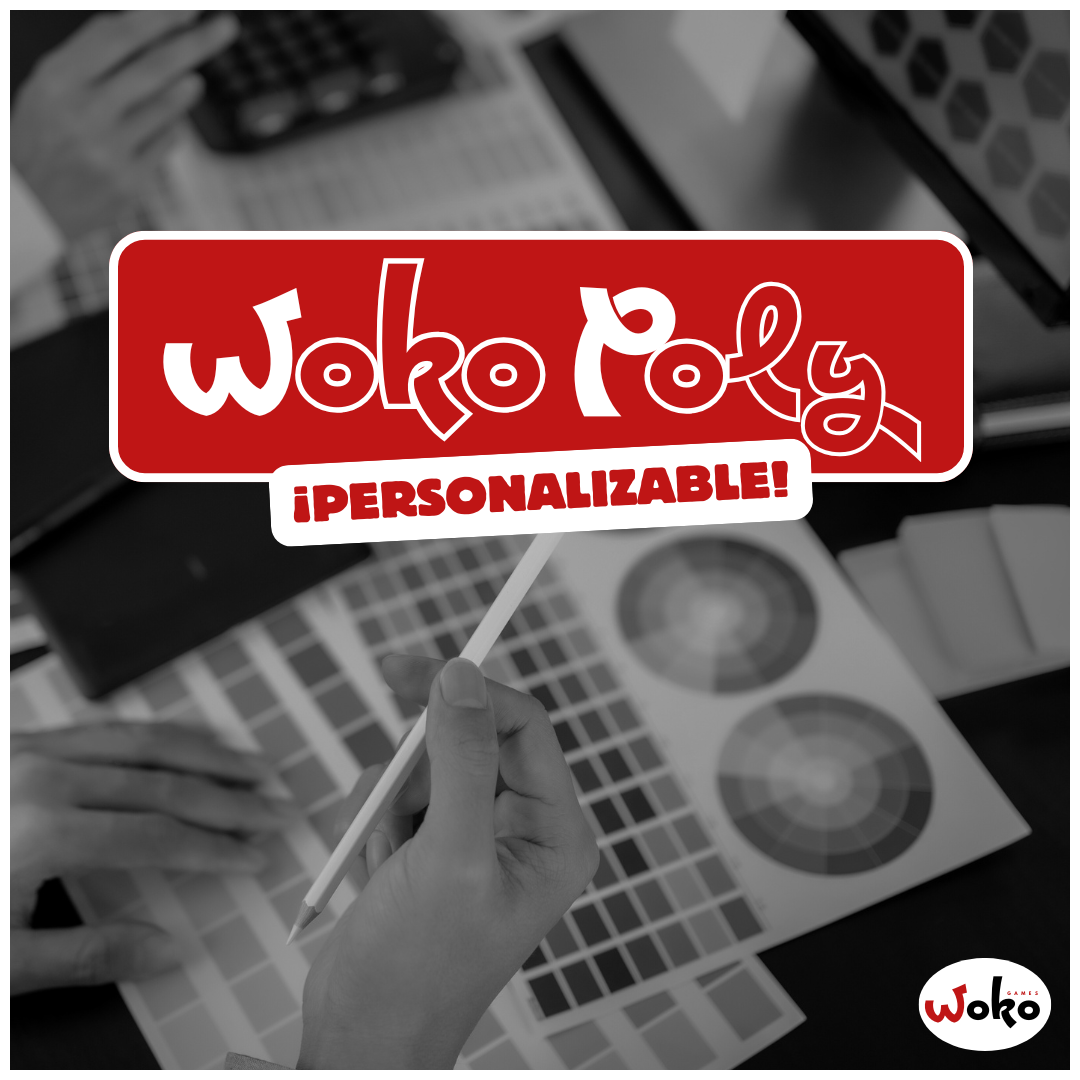Manos seleccionando colores y materiales en una paleta de diseño, con el logotipo “Woko Poly” y el texto “¡Personalizable!” en letras rojas al centro de la imagen.